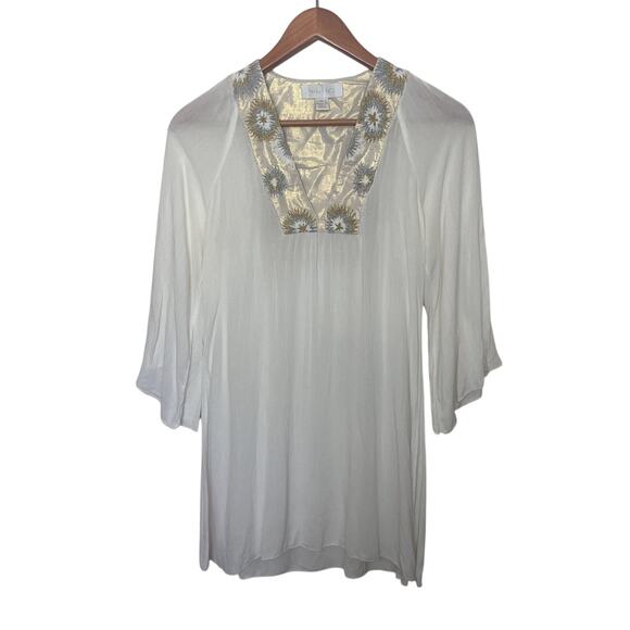 Tamara Catz Embroidered Tunic Top Women’s Sz XS White/Ivory Gold Shimmer - Picture 1 of 7